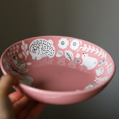 Keramische Mosterd Geel Roze Animal Forest Drie-Dimensionale Illustratie Stijl Lange Schotel/8 Inch Schotel Kleine Kom: Pink Round Plate