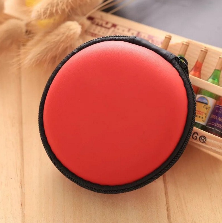 Ronde Draagbare Oordopjes Doos Mini Rits Hard Headphone Case PU Leer Oortelefoon Case Opbergtas Beschermende USB Kabel Organizer: Rood