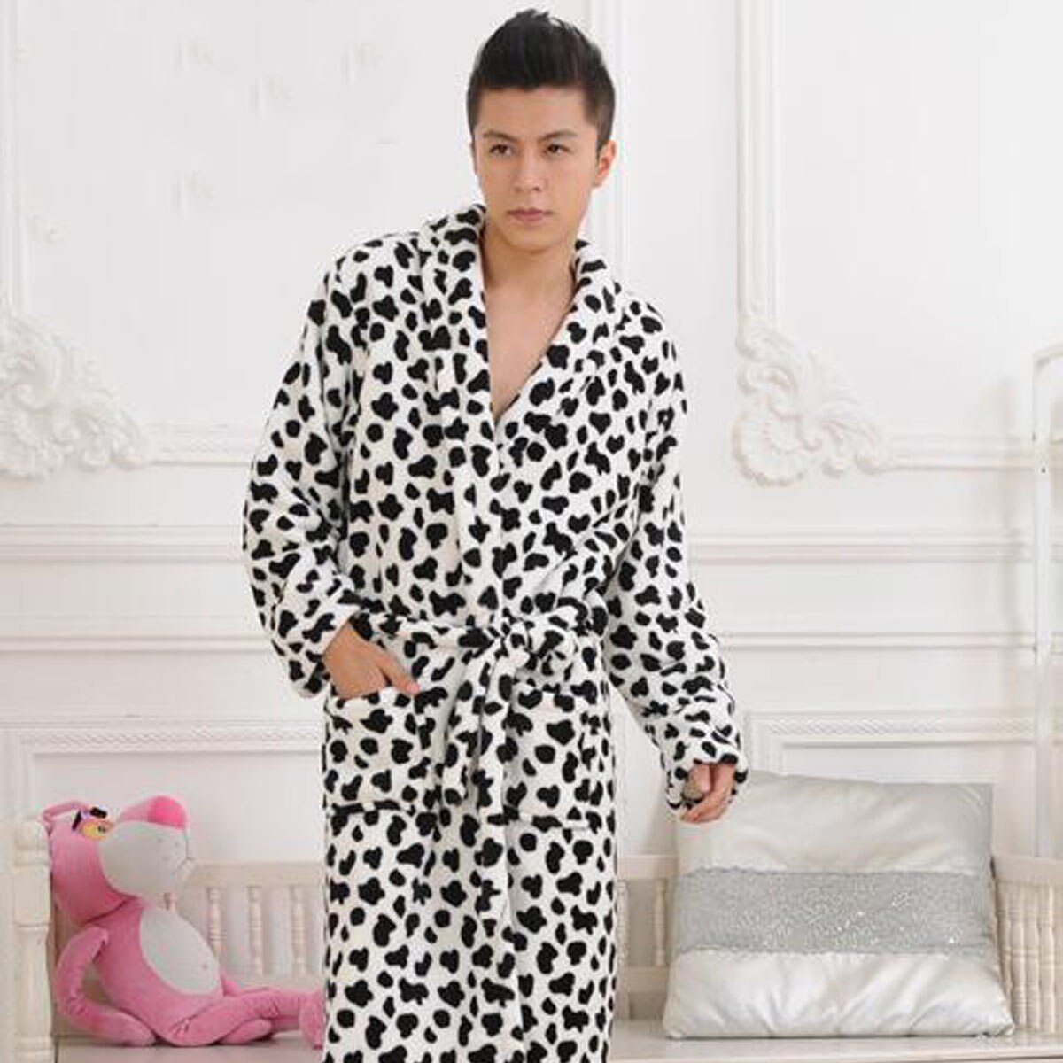 Luxury Thick Soft Warm Flannel Long Bathrobe with Belted Unisex Autumn Winter Long Sleeve Print Pajama with Pocket: Black / XXL