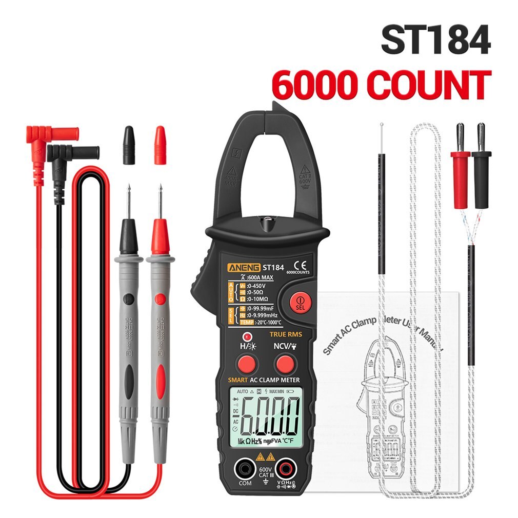 Smart Digitale Stroomtang ST184 Zonder Batterij Digitale Multimeter Stroomtang Professionele Meten Tester: black