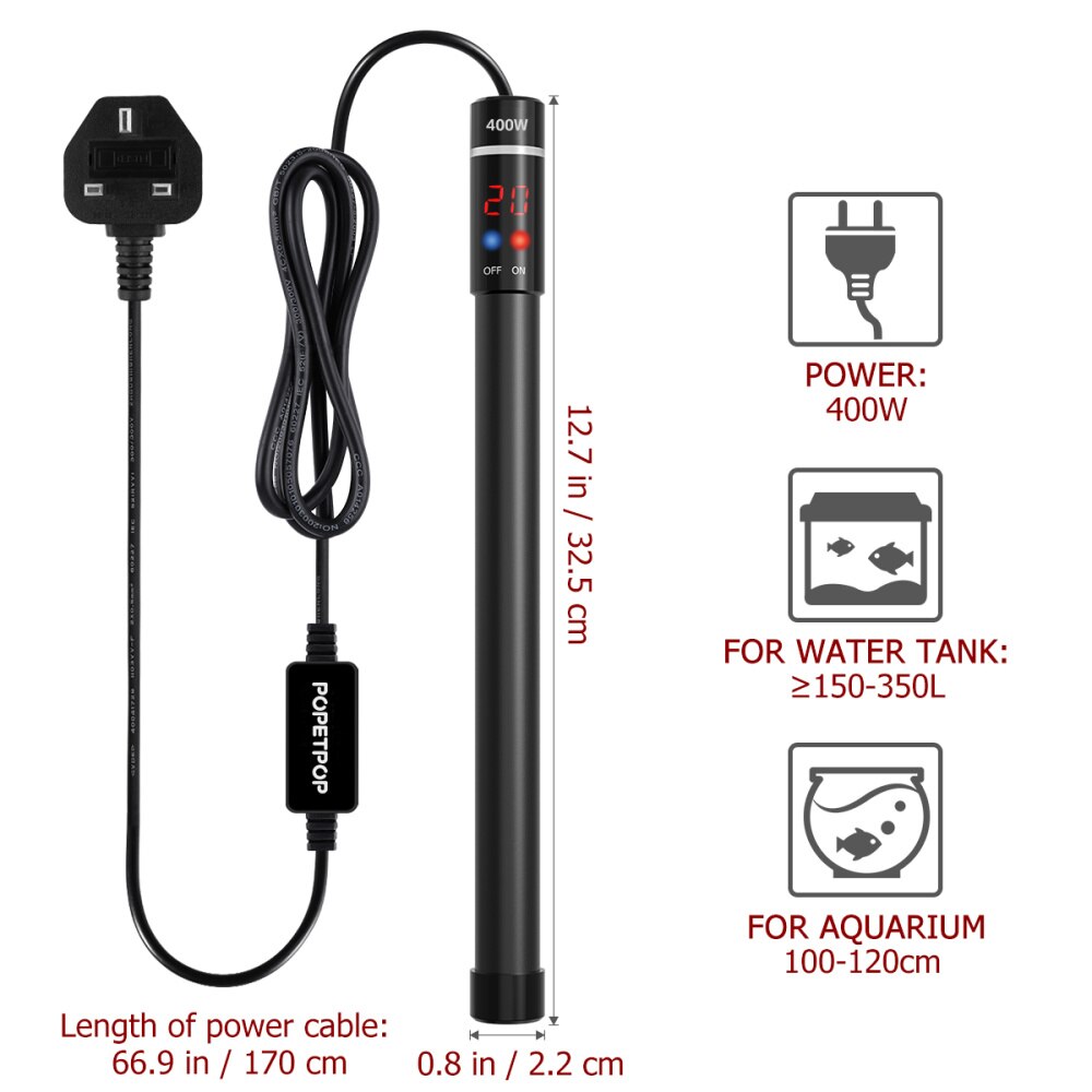 POPETPOP 400W Submersible Aquarium Heater Titanium Heating Rod with and LED Digital Display(Plug)