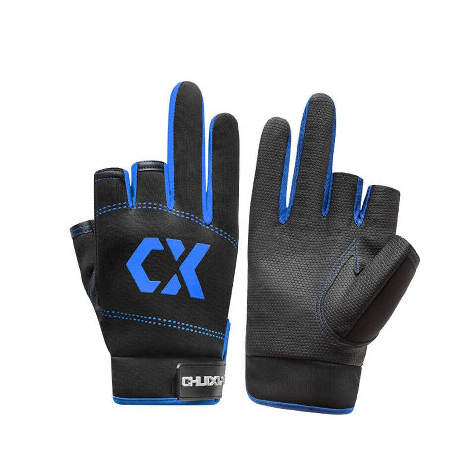 Guantes de pesca antideslizantes para hombre y mujer, equipo deportivo con 3 dedos cortados, para pesca al aire libre, 1 par: Black with Blue