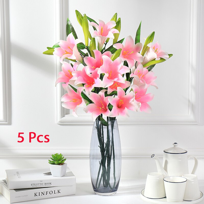 Artificial Lilies Flower Branch 5Pcs Lilium Simulation Flower Latex Family Hotel Decoration Party Accessories: bhhong-5