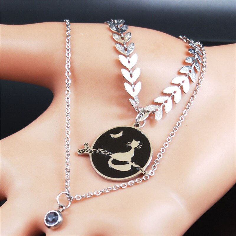 Kat Rvs Gelaagde Ketting Voor Vrouwen Zilveren Kleur Ketting Ketting Sieraden Acero Inoxidable Joyeria Mujer N1984S02