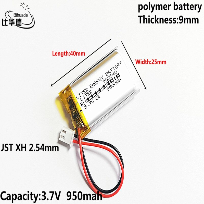 3.7V 950MAH 902540 JST XH 2.54mm Lithium Polymer LiPo Rechargeable Battery For Mp3 headphone PAD DVD bluetooth camera