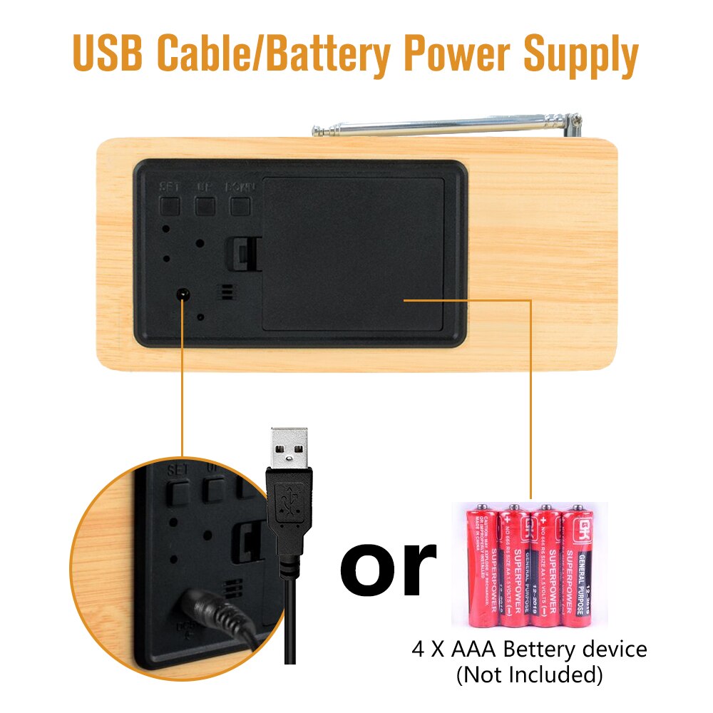 Xiaokoa FM Radio Bamboo LED Electronic Display with LED Clock Desktop Micro Portable Radio Home Radio Mini Temperature Display