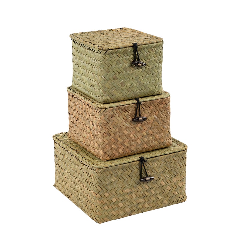 Rattan Storage Box with Lid Seagrass Woven Storage Basket Handmade Basket Cosmetic Wicker Container for Desktop Office Decor