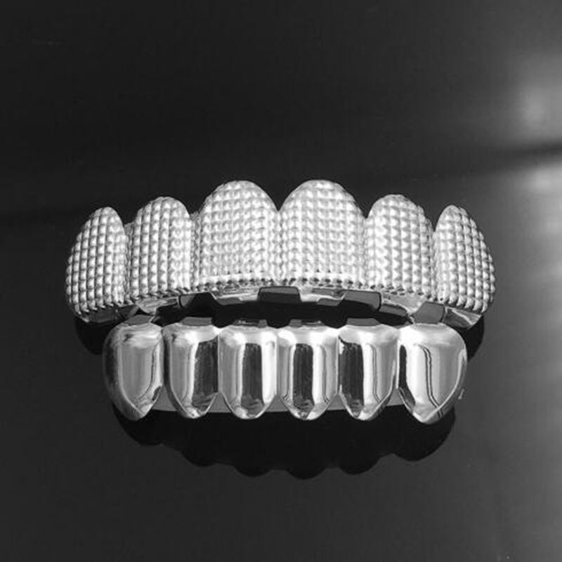 Hip hop masculino 6 topo & inferior ouro cor prata falso metal dentes grillz conjunto colisão treliça grades dentárias para o corpo feminino jóias: Silver Set