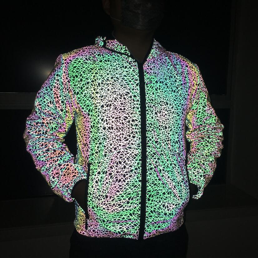 Autumn winter men personality colorful stripe reflective jacket hip hop coat women harajuku shiny reflect light chaqueta hombre