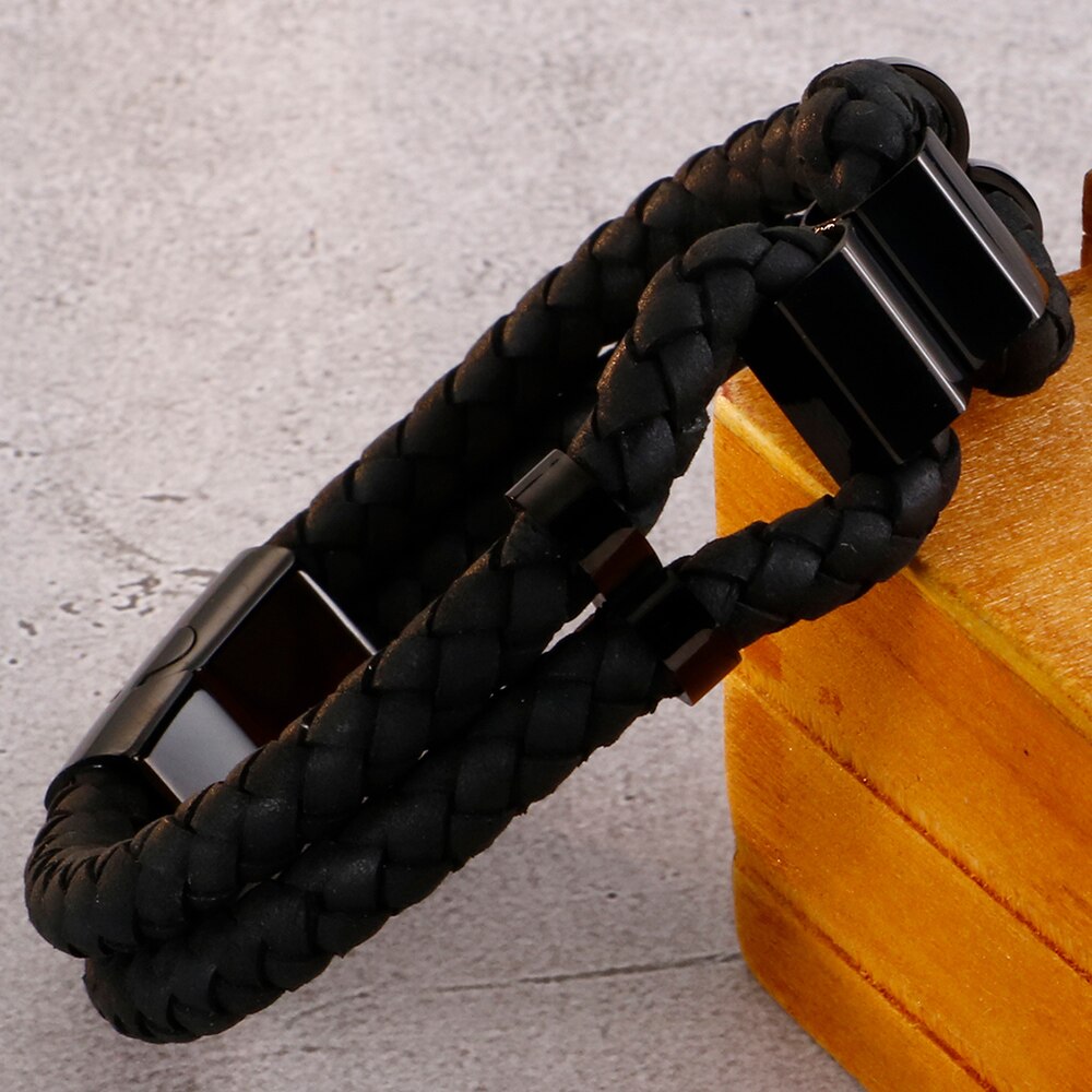Brazaletes de cuero trenzado de doble capa para hombre brazalete Heren con cierre magnético pulsera para hombre Oro Negro S. Gota de acero