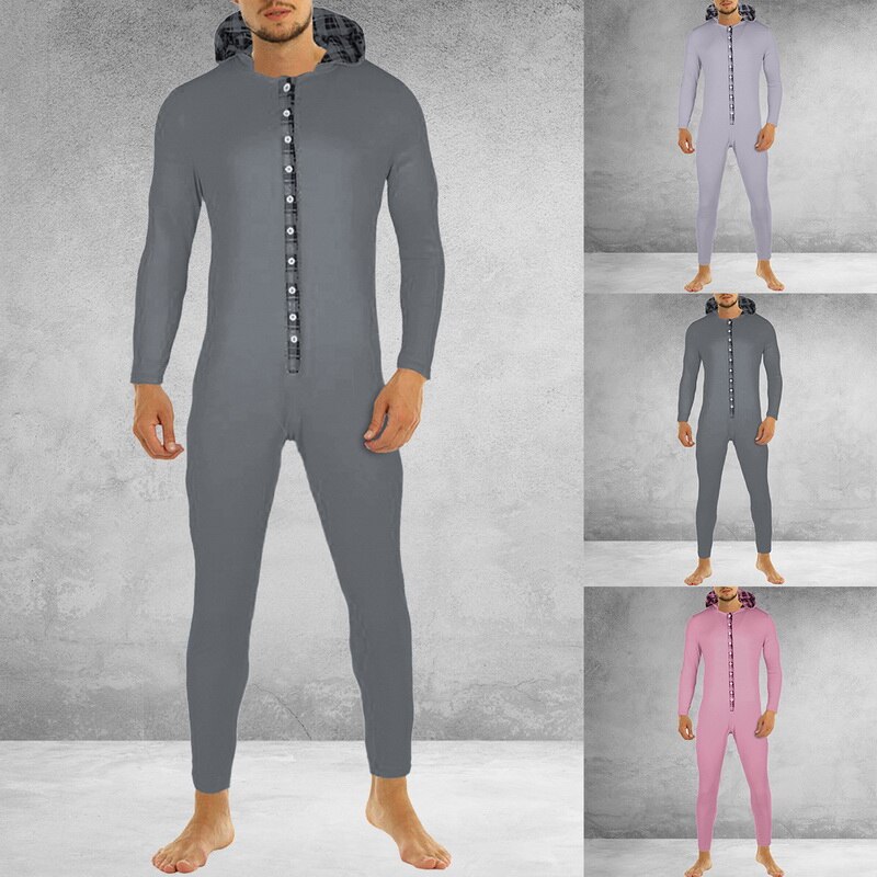 Sexy Mannen Bodycon Romper Jumpsuit Nachtkleding Homewear Lange Mouw Konijnenoren Hooded Button Kraag Lange Broek Open Hip pyjama