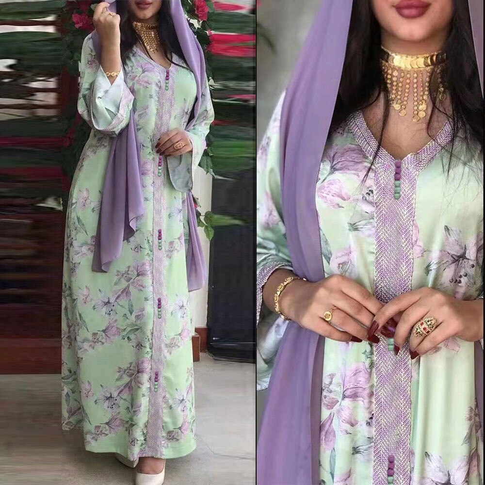 2022 Midden-oosten Gewaad Arabische Dubai Print Jurk Ramadan Moslim Voorjaar Vrouwen Dragen Islamitische Kleding Vrouwen Moslim Dubai