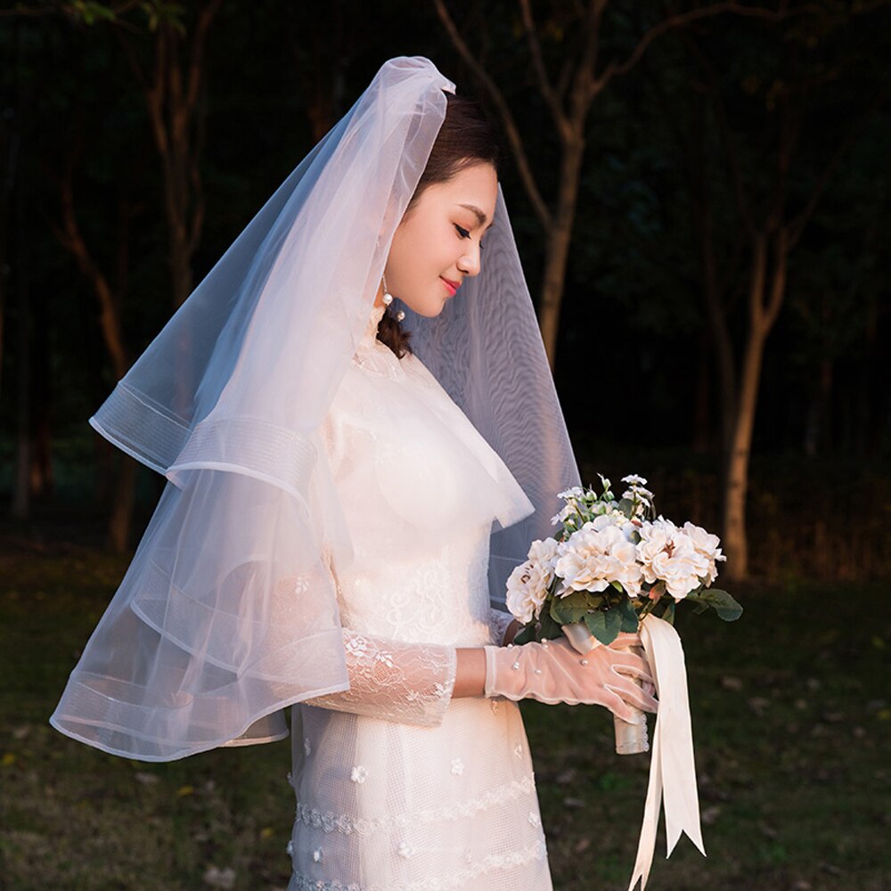 velo de novia de dos capas blanco yema del dedo velo corto nupcial 2T velos de boda con peine Borde de tul fuerte
