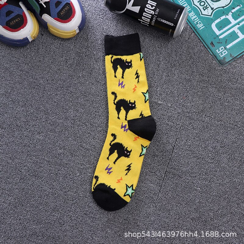 Newly Men Socks Cotton Casual Personality Hip Hop Streetwear Happy Socks for Men Brand: Yellow black cat