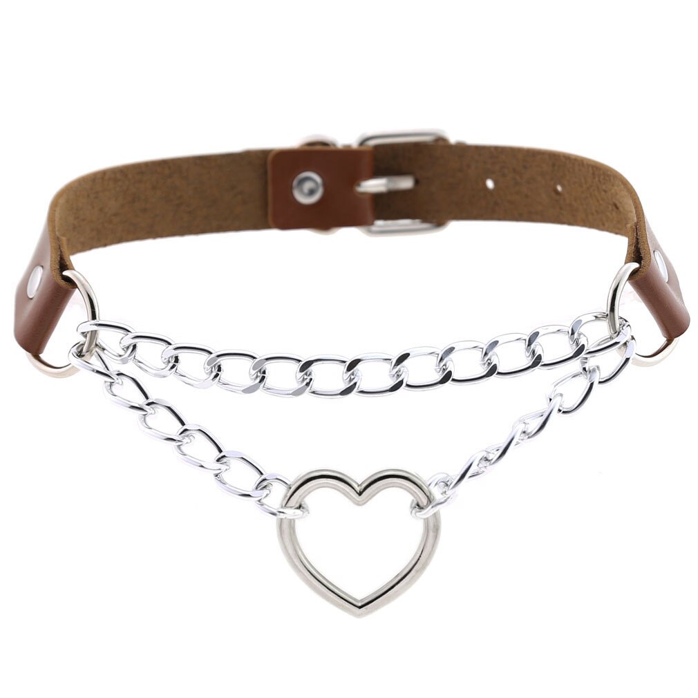 Wollet Jewelry personality PU leather peach heart love collar necklace chain heart-shaped neckband neck chain clavicle: Light brown