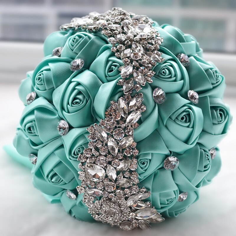 Dusty Pink Crystal Wedding Bouquet Handamde Flowers Rehinestones Beaded Holding Bride Wedding Bouquets Accessories: mint