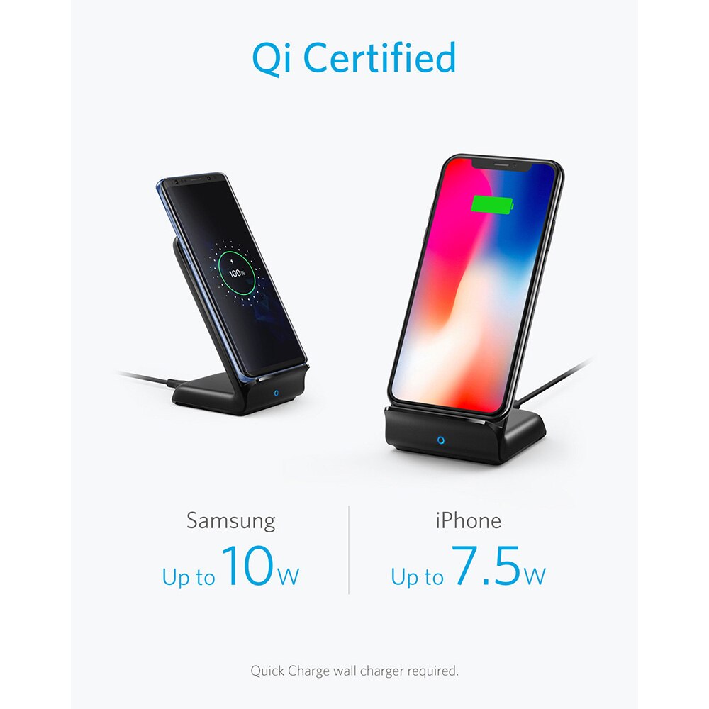 Supporto per caricabatterie Wireless Anker PowerWave Fast, certificato Qi, 7.5W per iPhone 11/11 Pro/11 Pro Max/XR/XS ecc., 10W per Galaxy e altro