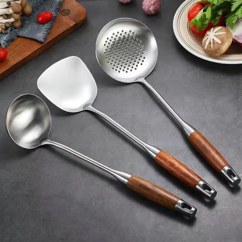 Manche en bois de rose, spatule Wok en acier inoxydable, pelle fendue, retourneur cuillère à riz, ustensile de service, outils de cuisine: 9