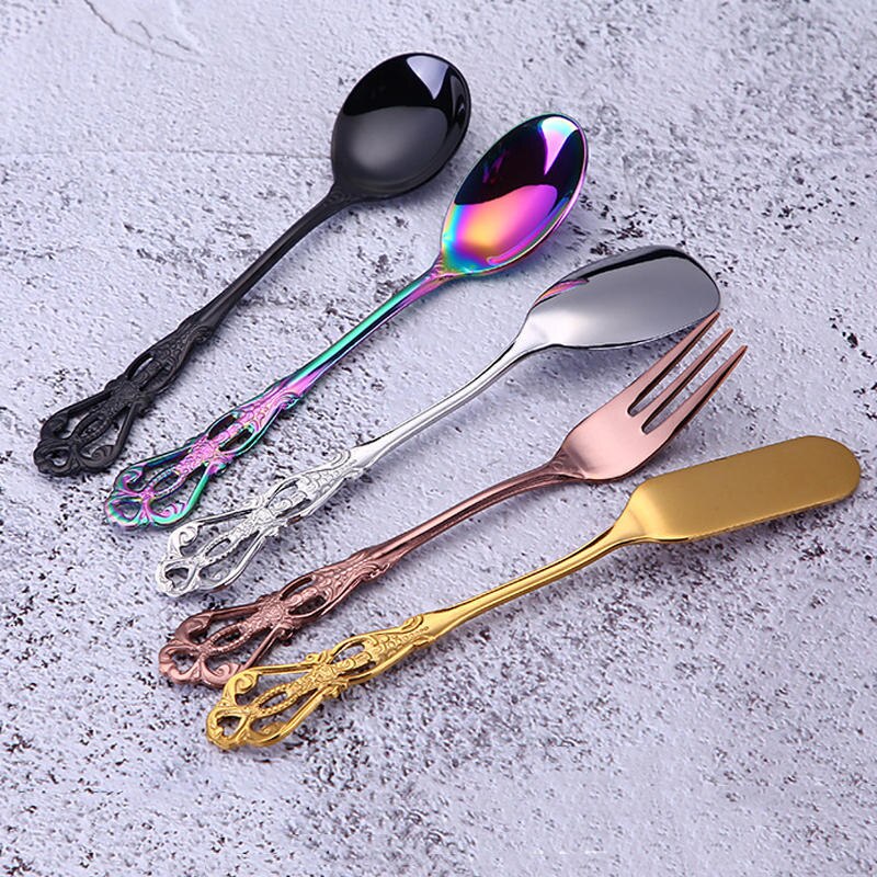 Vacclo 1pc Stirring Coffee Spoon 304 Stainless Steel Cutlery Round Square Shaped Vintage Dessert Spoon Fork Kitchen Accessories