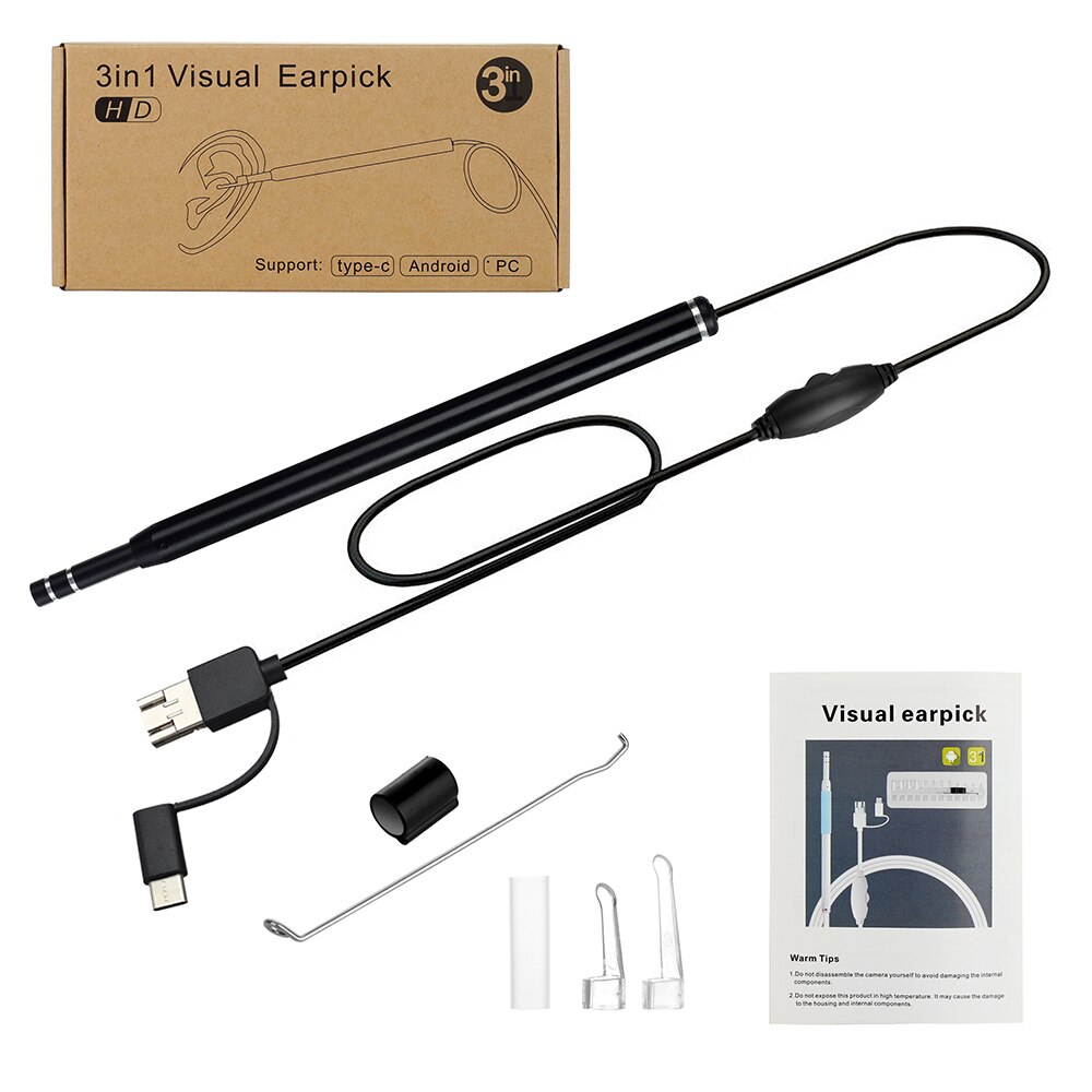 3-in-1 Visual Earpick Otoscope Endoscope Built-in 6 Adjustable Led Lights with 5.5mm Camrea Lens Ear Cleaning Tool