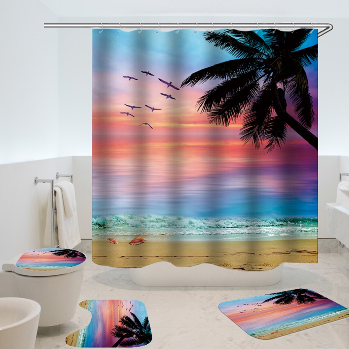 Coastal Strand Landschap Gedrukt Patroon Douchegordijn Voetstuk Tapijt Deksel Wc Cover Mat Badmat Set Badkamer Gordijnen Met Haken: G 4PCS