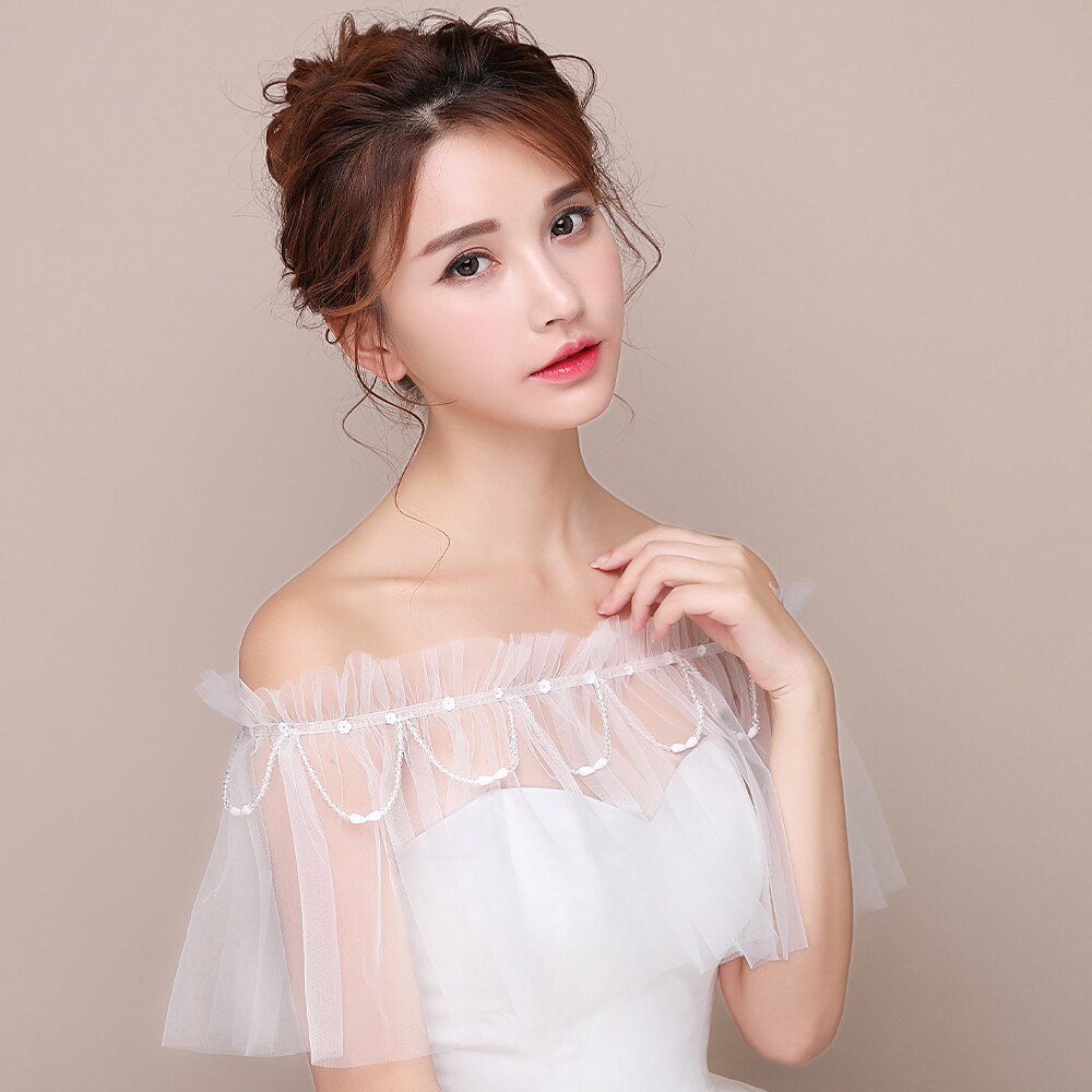 Scialle da sposa con scollo a barchetta in avorio da donna elegante scialle con volant in rilievo con nastro e nappa Sexy Tulle trasparente con stola sulla spalla