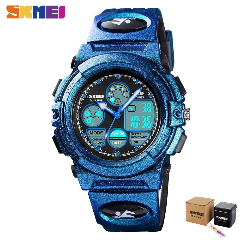 SKMEI 5Bar Waterproof Chronograph Luminous Children Digital Wrist Watch Kids Sport Watches Boys Girls Electronic Quartz Clock: blue 3 with box