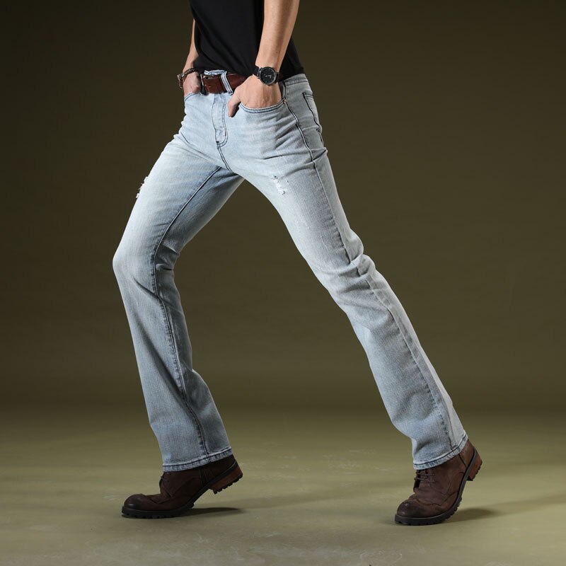 Männer der Licht Blau Zerrissene aufflackern Jeans für Männer Herbst Winter Geschäft lässig Hosen Denim Hosen Ausgestelltes Bootcut Jean Dünne homme: 36