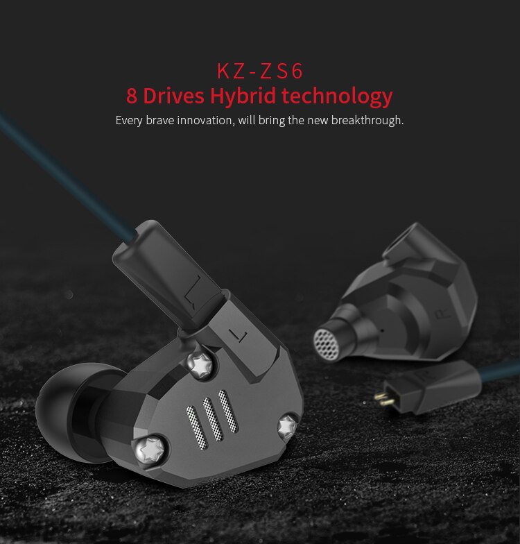 Kz ZS6 Grey Kleur 2DD + 2BA Hybrid In Ear Oortelefoon Hifi Dj Monito Running Sport Oortelefoon Oordopje Headset Metalen oordopjes Kz AS10