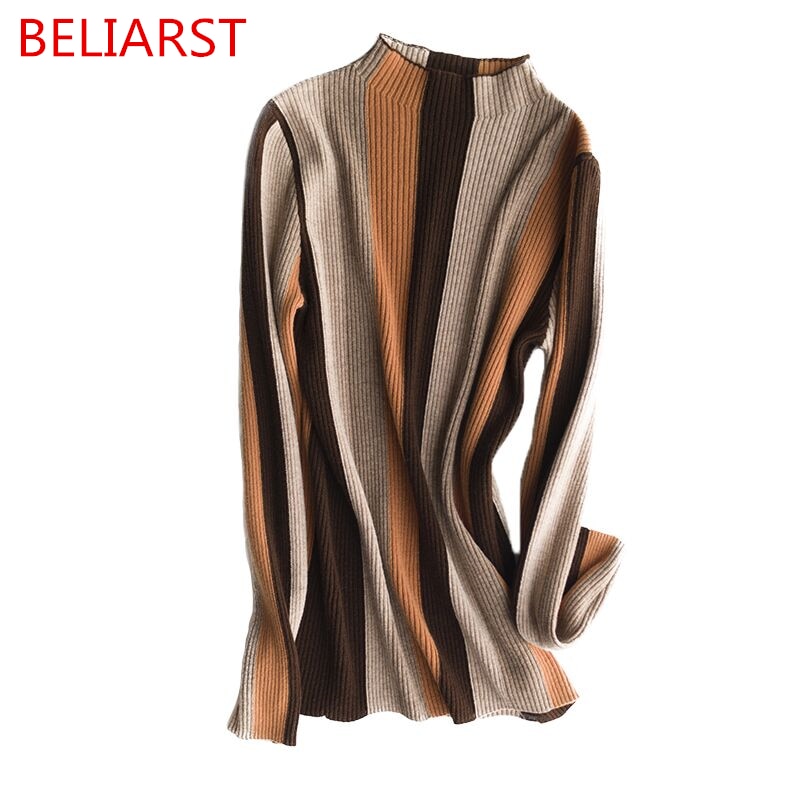 Efterår og vinter kvinder kort sektion af semi-høj krave langærmet hit farve striber skjorte skjorte pullover sweater