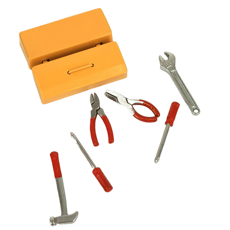 1 set dockhusminiatyrverktygslåda 【verktygslåda +6 verktyg】handgjorda verktygsset modellmöbler tillbehör dockhusdekor leksaker: Choklad