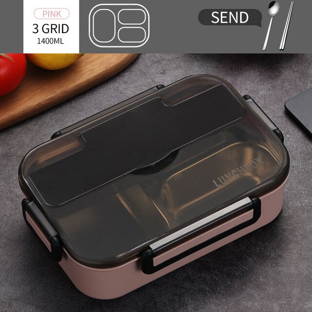 Lunchbox Voedsel Container Magnetron Verwarmd Lunchbox Voor Kids 304 Roestvrij Bento Lunchbox Voedsel Container Keuken Accessoires: 1400ml 3 Grid Pink