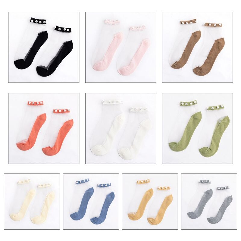 Japanse Meisjes Zomer Transparante Glasvezel Ankle Boot Sokken Imitatie Parel Kralen Top Sieraden Zoete Snoep Kleur Dunne Kousen