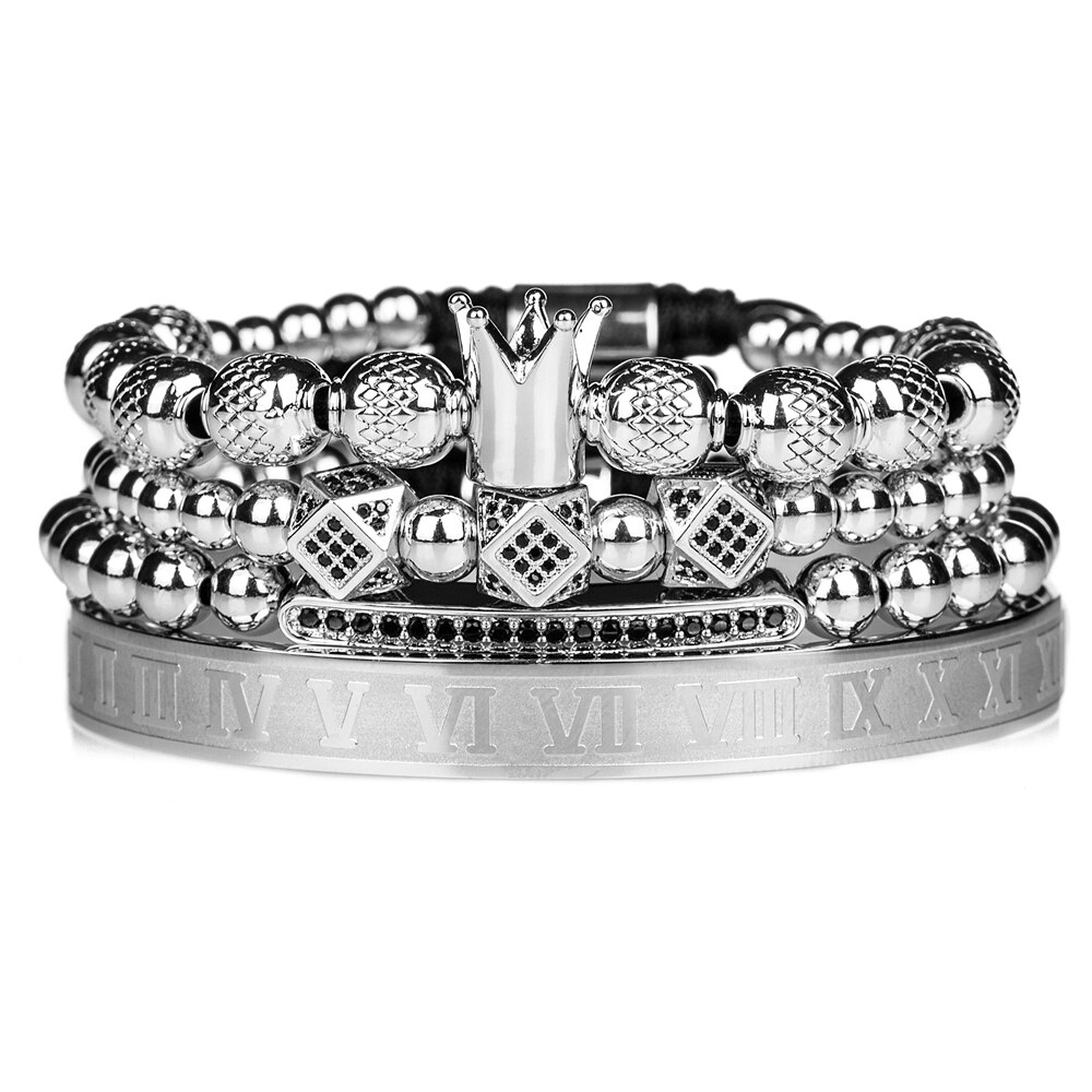 Handgemaakte Vlechten Armband Gouden Hip Hop Mannen Gepolijst Crown Romeinse Cijfer Armband Luxe Sieraden Dropshiping: Silver set-GMH8