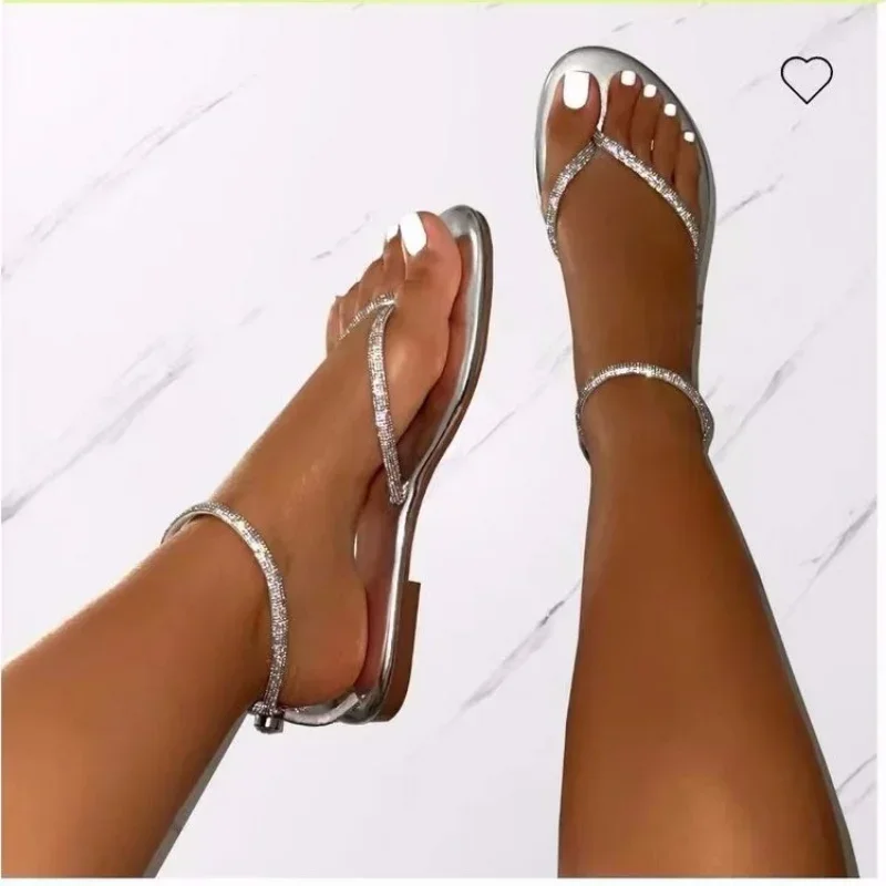 Ankle Strap Women's Sandals Beach Flip Flops Summer Women's Shoes Gold Flat Roman Women's Sandals Women Sandals: Silver / 36