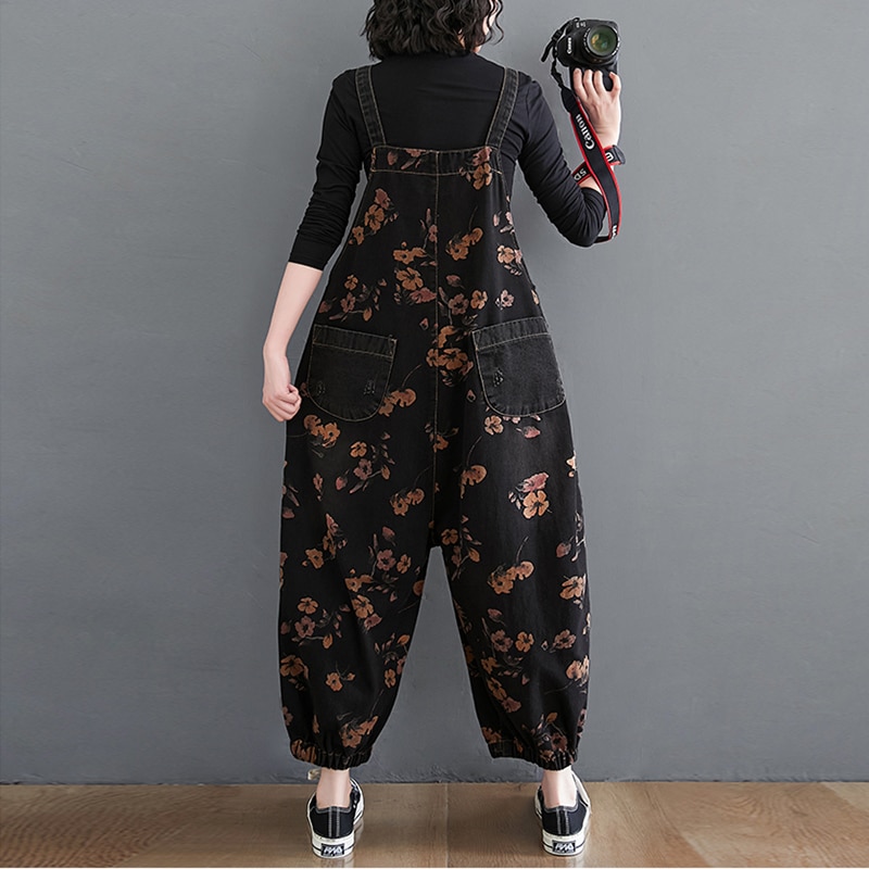 Losse Jeans Zwarte Jumpsuit Vrouwen Casual Oversized Baggy Dames Broek Grote Zakken Print Bloemen Denim Overalls Bandjes Jean Rompertjes
