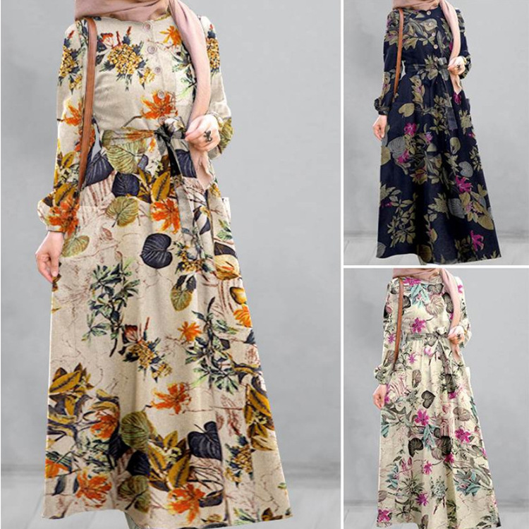 Abayas-vestido largo con estampado de flores para mujer, caftán marroquí, árabe, islámico, musulmán