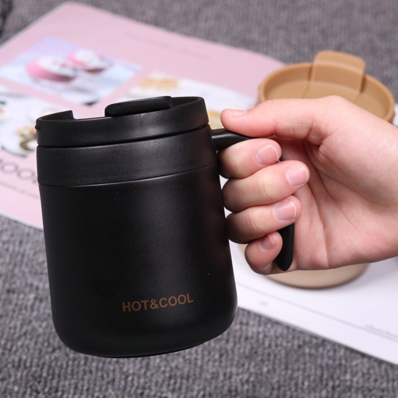 Kort kaffe termosmugg 350ml för vatten te juice isolerad kolv rostfritt stål med lock handtag kopp kontor hem: Svart