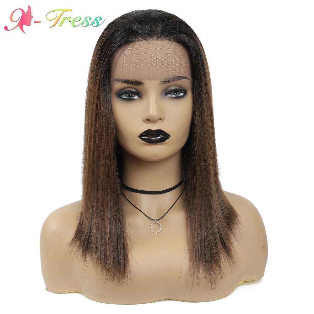 X-TRESS 18'' Dark Roots Ombre Black Lace Front Synthetic Wig for Black Women High Temperature Fiber Hair Trendy Medium Length