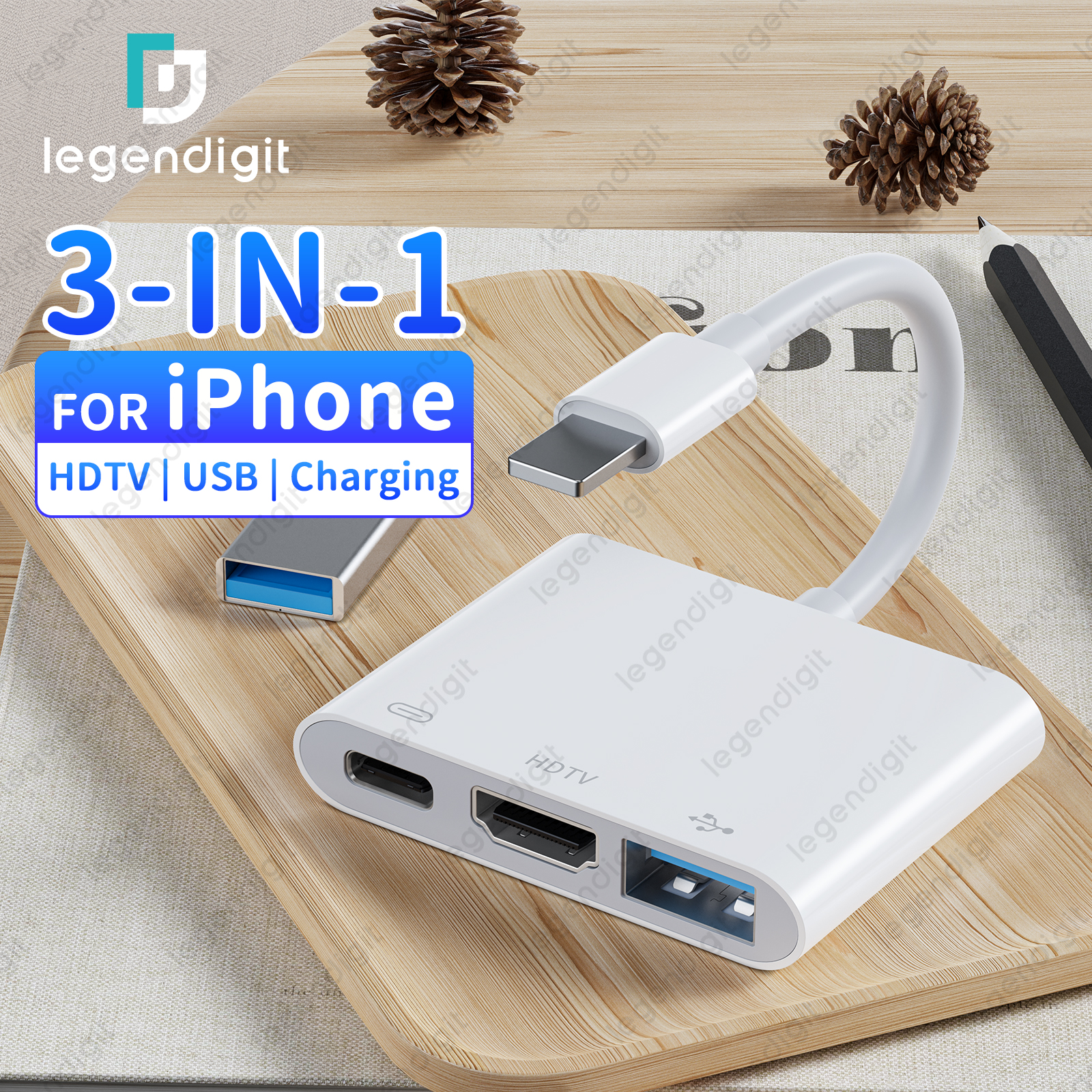 Adapter HDTV 1080P HD Plug&Play OTG Adapter Konwerter USBA z portem ładowania Adapter iPhone na HDTV do projektora/monitora/telewizora