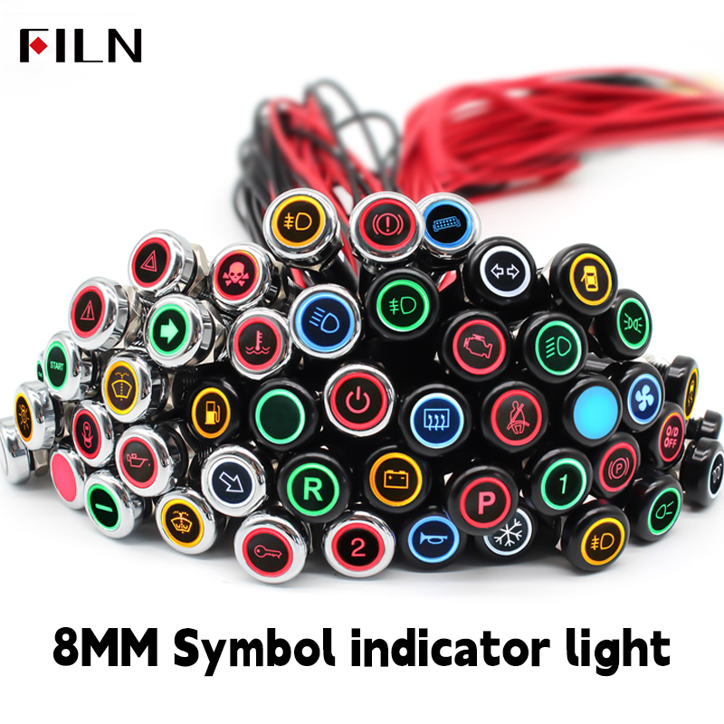 8mm Symbol indicator light 12V-24V LED Car Boat LED Warning Dashboard Signal Lights Instrument Pilot light Black Finished