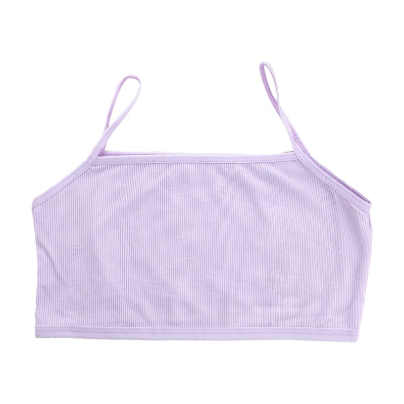 KLV School Student Girls Tanks Sport Training Bra Spaghetti Strap Bandeau Cami Crop Top Single Layer Ribbed Underwear 8 Colors: Purple