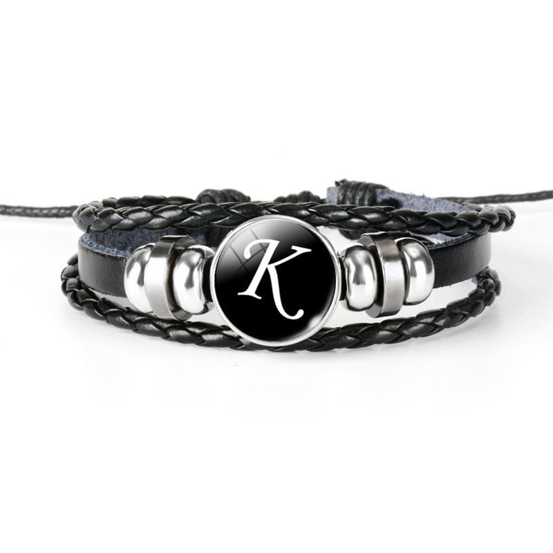 Pulsera de cuero con hebilla de cristal de 26 letras A-Z, nombre de identificación, amistad, pulsera tejida negra ajustable para niños y niñas como familiar: COLOR ORO ROSADO