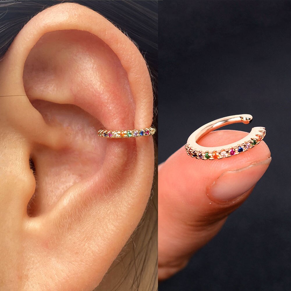 1pc nova chegada moda requintado arco-íris zircão orelha manguito brinco para a mulher geometria cristal sem piercing orelha clipe de jóias de verão: 9  gold