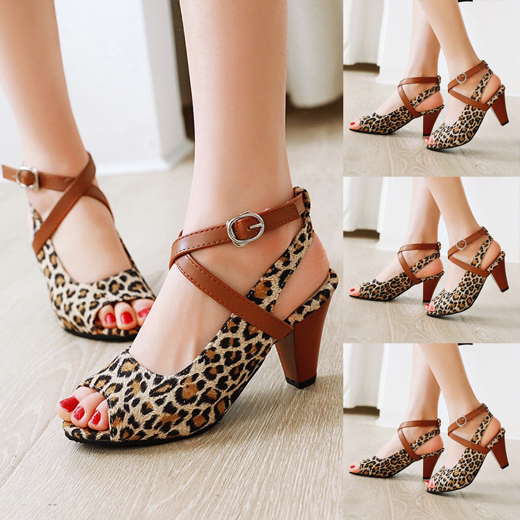 shoes woman Women Women's Open-Toe Ankle Buckle Strap Sandals Fish Mouth Leopard Shoes High Heeles shoes woman sandals 20
