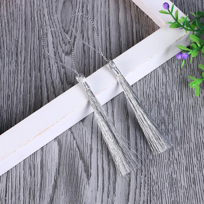 Borlas largas de seda con borlas decorativas para joyería, franja de borlas de poliéster doradas y plateadas, nudo chino de bricolaje, 15 Uds.: Silver