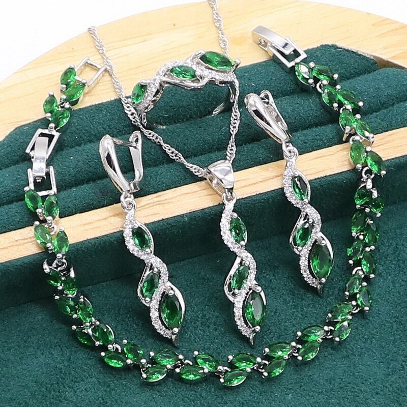 Marquise Green Emerald 925 Sterling Zilveren Sieraden Set Voor Vrouwen Armband Oorbellen Ketting Hanger Ring: Whole Set / 10