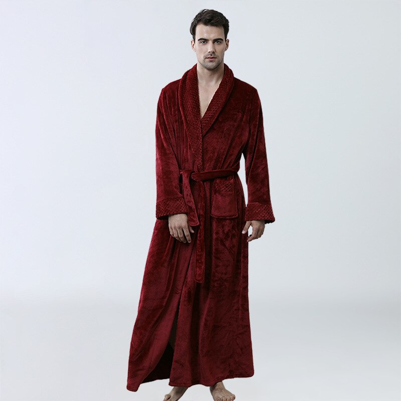 Men's Long Winter Bathrobe Soft Warm Flannel Pure Color Hotel Robe Red Wedding Robes Court Style Pajamas: wine red / XL