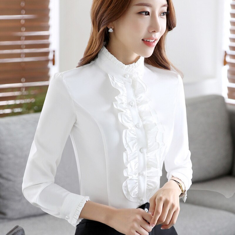 Camisa Formal de manga larga de otoño para mujer, blusa de chifón Rufflus de Color con soporte y para oficina, Tops de talla grande para mujer