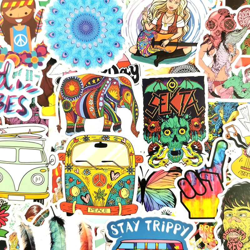 100 stuks retro hippie cartoon vredesliefde stickers voor laptop gitaar surfplank skateboard bagage fiets koelkast plakboek sticker